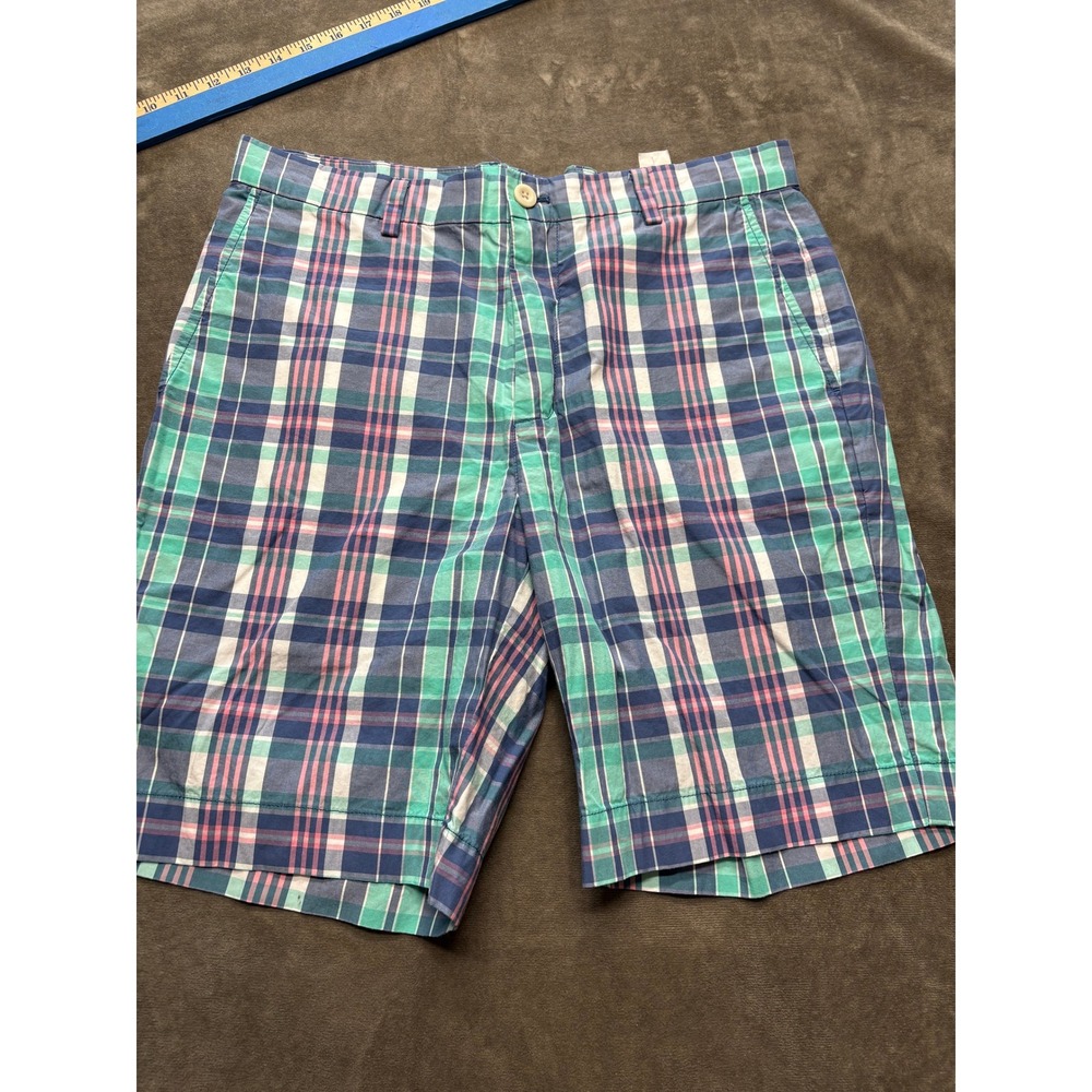 Vineyard Vines Plaid Chino Shorts Mens Size 33 Blue Green Pink Cotton Flat Front